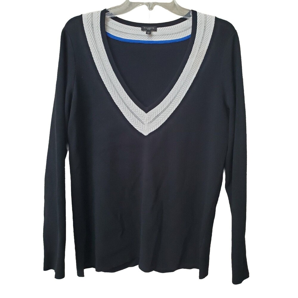 Talbots Petites Black & White V-Neck Long Sleeve Ribbed Sweater Size LP Tennis